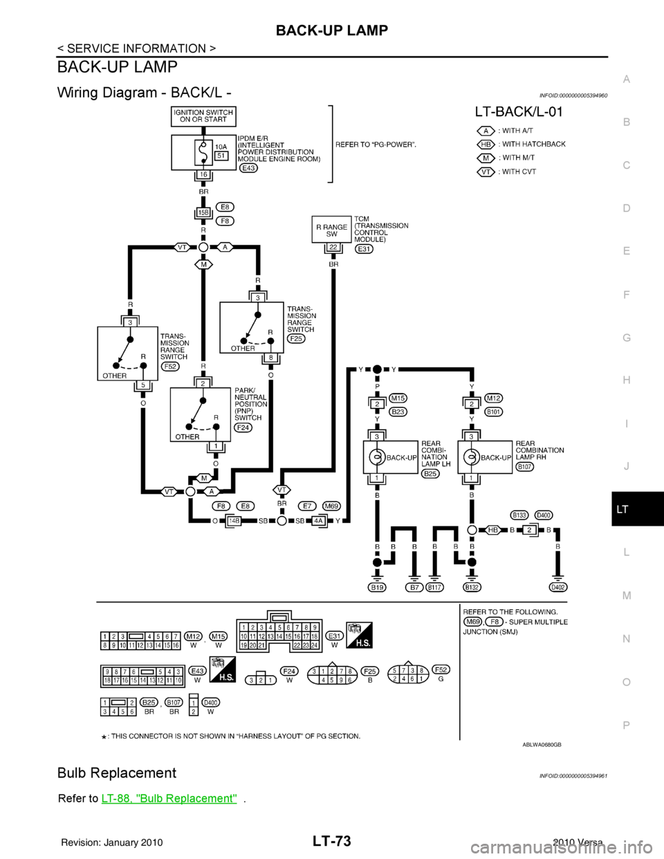 NISSAN TIIDA 2010  Service Repair Manual BACK-UP LAMPLT-73
< SERVICE INFORMATION >
C
DE
F
G H
I
J
L
M A
B
LT
N
O P
BACK-UP LAMP
Wiring Diagram - BACK/L -INFOID:0000000005394960
Bulb ReplacementINFOID:0000000005394961
Refer to  LT-88, "Bulb R