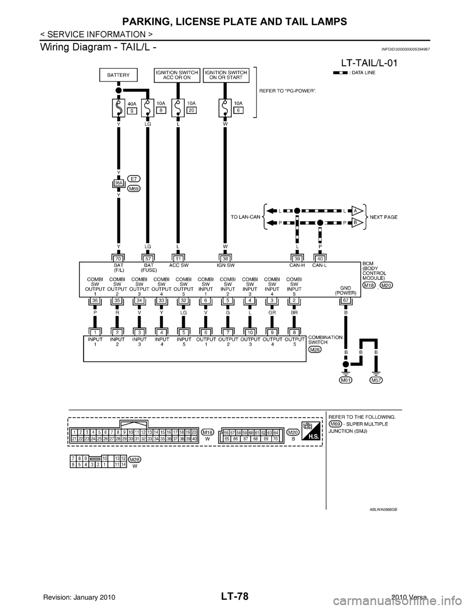 NISSAN TIIDA 2010  Service Repair Manual LT-78
< SERVICE INFORMATION >
PARKING, LICENSE PLATE AND TAIL LAMPS
Wiring Diagram - TAIL/L -
INFOID:0000000005394967
ABLWA0668GB
Revision: January 20102010 Versa 