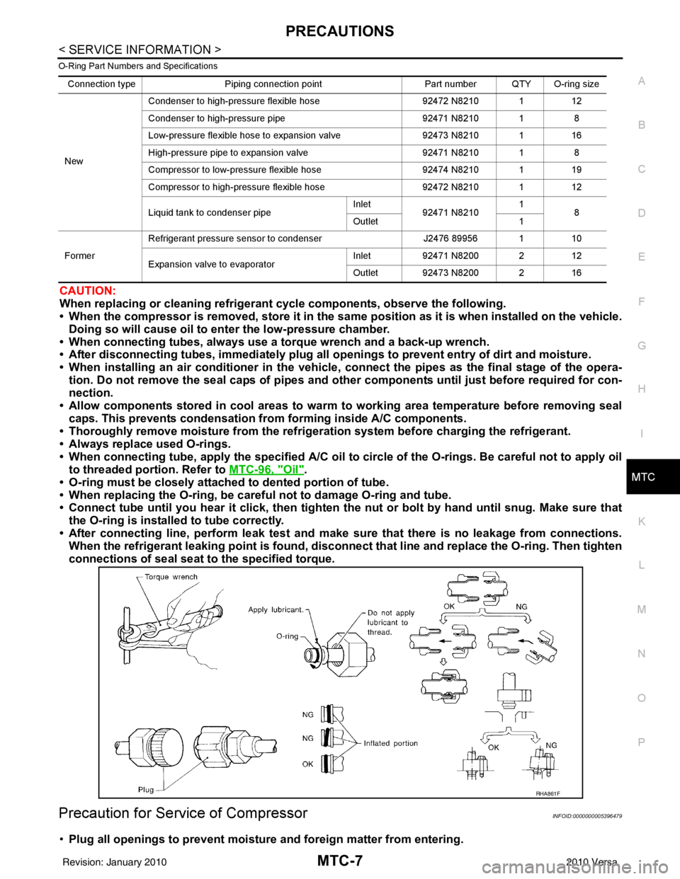 NISSAN TIIDA 2010 Service Repair Manual PRECAUTIONSMTC-7
< SERVICE INFORMATION >
C
DE
F
G H
I
K L
M A
B
MTC
N
O P
O-Ring Part Numbers and Specifications
CAUTION:
When replacing or cleaning refrigerant cycle components, observe the followin NISSAN TIIDA 2010 Service Repair Manual PRECAUTIONSMTC-7
< SERVICE INFORMATION >
C
DE
F
G H
I
K L
M A
B
MTC
N
O P
O-Ring Part Numbers and Specifications
CAUTION:
When replacing or cleaning refrigerant cycle components, observe the followin