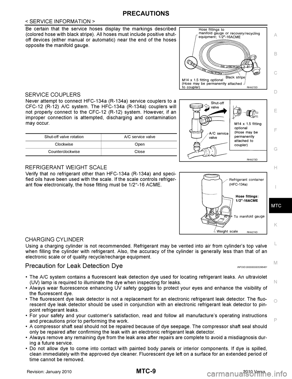 NISSAN TIIDA 2010 Service Repair Manual PRECAUTIONSMTC-9
< SERVICE INFORMATION >
C
DE
F
G H
I
K L
M A
B
MTC
N
O P
Be certain that the service hoses display the markings described
(colored hose with black stripe). All hoses must include pos NISSAN TIIDA 2010 Service Repair Manual PRECAUTIONSMTC-9
< SERVICE INFORMATION >
C
DE
F
G H
I
K L
M A
B
MTC
N
O P
Be certain that the service hoses display the markings described
(colored hose with black stripe). All hoses must include pos
