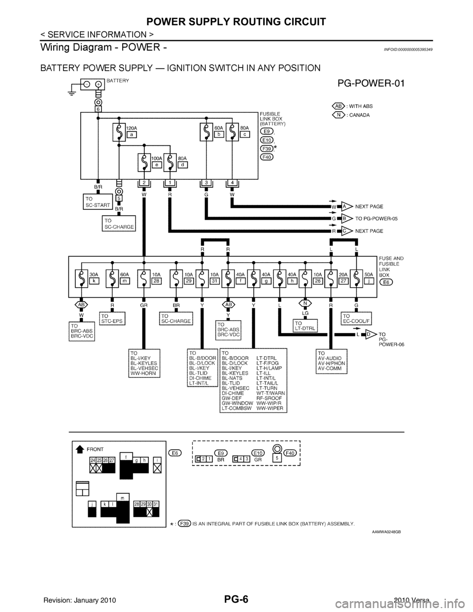 NISSAN TIIDA 2010  Service Repair Manual PG-6
< SERVICE INFORMATION >
POWER SUPPLY ROUTING CIRCUIT
Wiring Diagram - POWER -
INFOID:0000000005395349
BATTERY POWER SUPPLY — IGNITION SWITCH IN ANY POSITION
AAMWA0248GB
Revision: January 201020