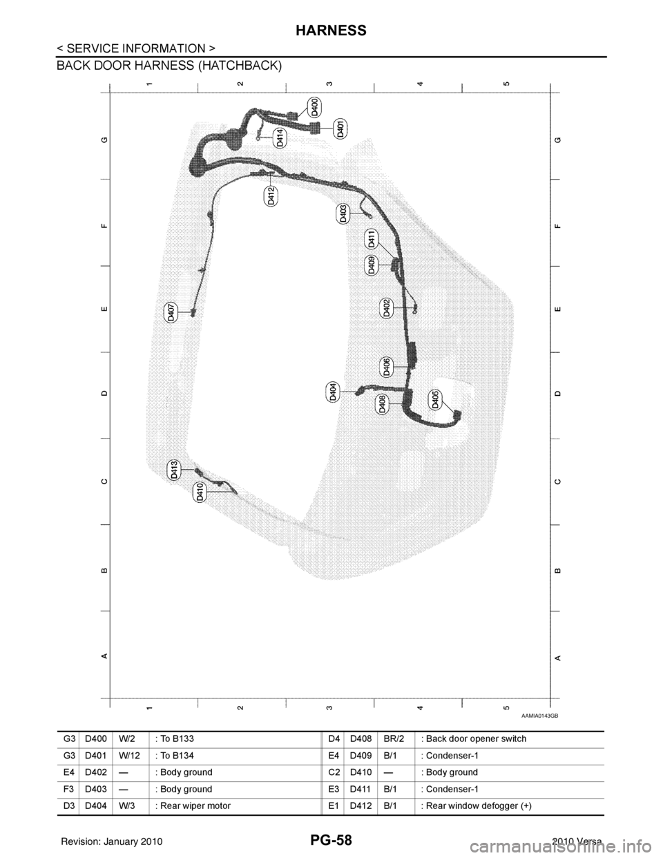 NISSAN TIIDA 2010  Service Repair Manual PG-58
< SERVICE INFORMATION >
HARNESS
BACK DOOR HARNESS (HATCHBACK)
AAMIA0143GB
G3 D400 W/2 : To B133D4 D408 BR/2 : Back door opener switch
G3 D401 W/12 : To B134 E4 D409 B/1 : Condenser-1
E4 D402 —