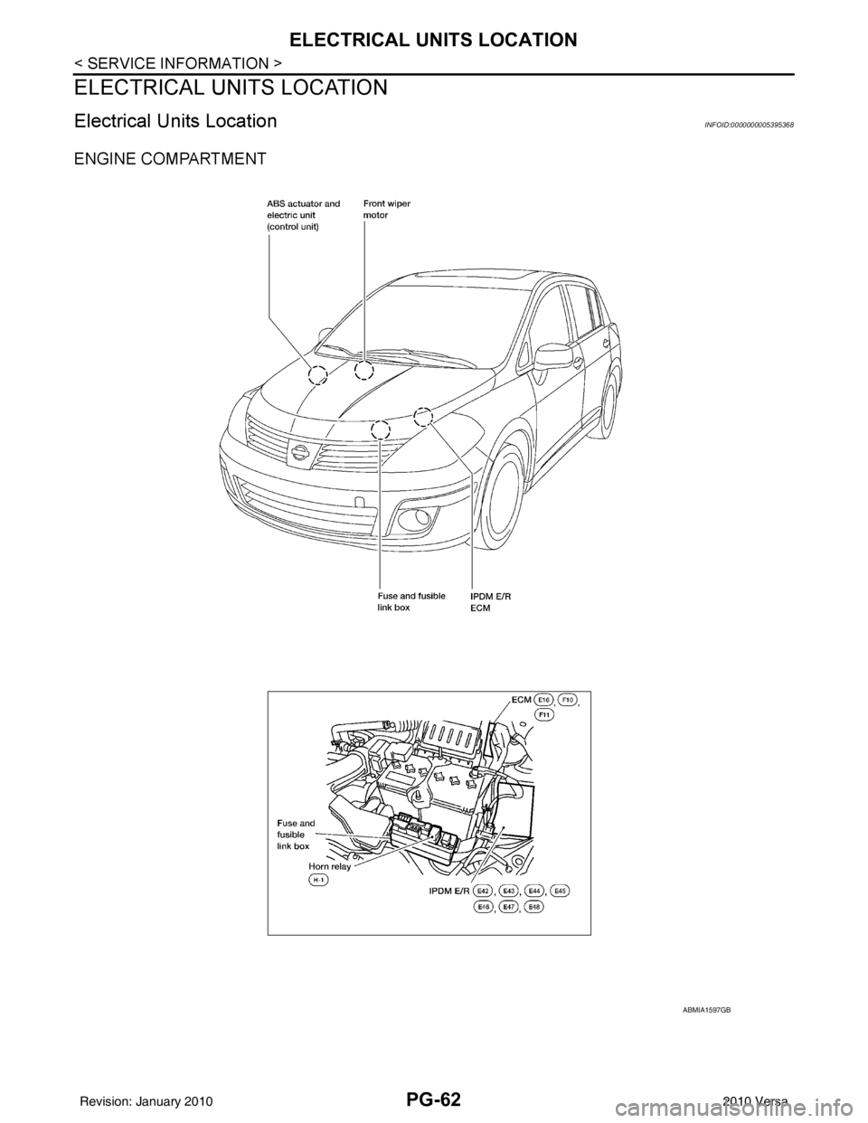NISSAN TIIDA 2010  Service Repair Manual PG-62
< SERVICE INFORMATION >
ELECTRICAL UNITS LOCATION
ELECTRICAL UNITS LOCATION
Electrical Units LocationINFOID:0000000005395368
ENGINE COMPARTMENT 
ABMIA1597GB
Revision: January 20102010 Versa 