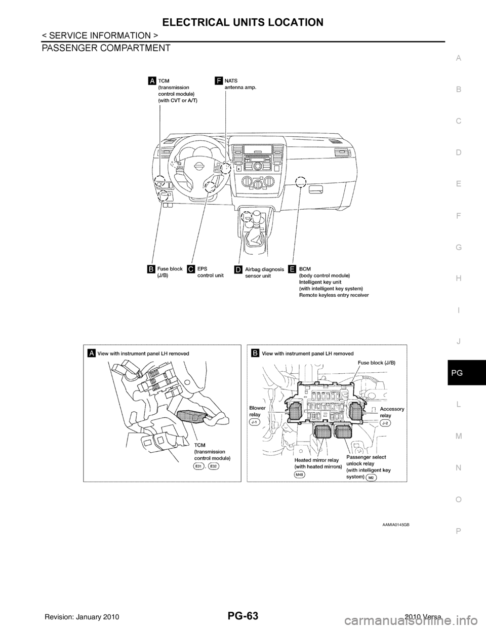 NISSAN TIIDA 2010  Service Repair Manual ELECTRICAL UNITS LOCATIONPG-63
< SERVICE INFORMATION >
C
DE
F
G H
I
J
L
M A
B
PG
N
O P
PASSENGER COMPARTMENT
AAMIA0145GB
Revision: January 20102010 Versa 