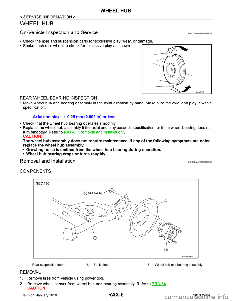 NISSAN TIIDA 2010  Service Repair Manual RAX-6
< SERVICE INFORMATION >
WHEEL HUB
WHEEL HUB
On-Vehicle Inspection and ServiceINFOID:0000000005397139
• Check the axle and suspension parts for excessive play, wear, or damage.
• Shake each r