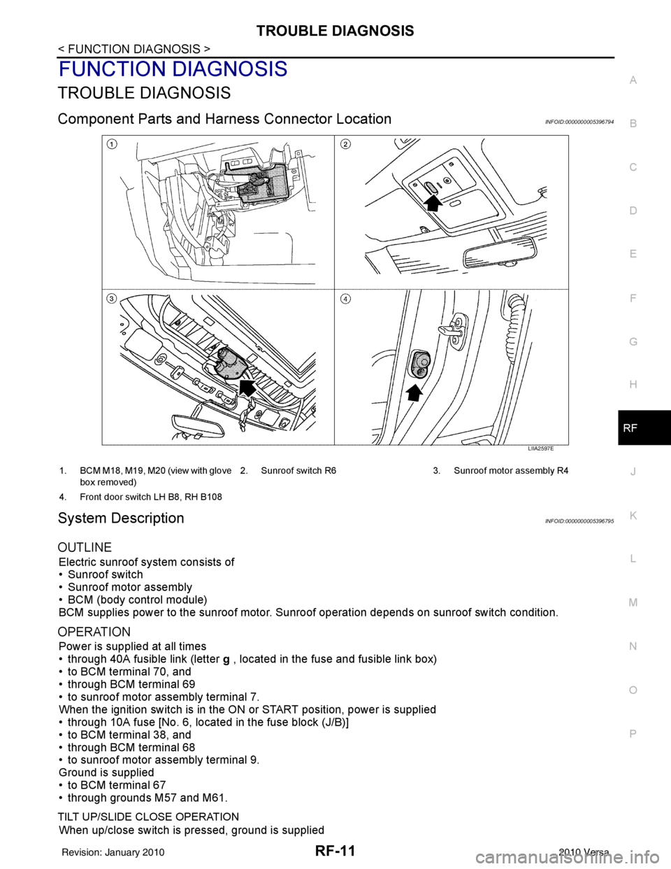 NISSAN TIIDA 2010  Service Repair Manual TROUBLE DIAGNOSISRF-11
< FUNCTION DIAGNOSIS >
C
DE
F
G H
J
K L
M A
B
RF
N
O P
FUNCTION DIAGNOSIS
TROUBLE DIAGNOSIS
Component Parts and Har ness Connector LocationINFOID:0000000005396794
System Descrip