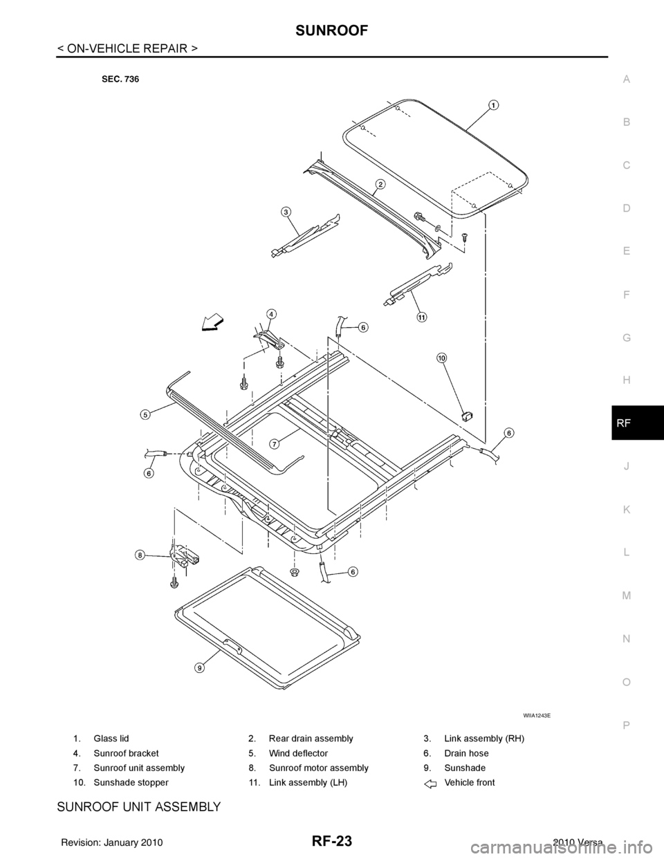 NISSAN TIIDA 2010  Service Repair Manual SUNROOFRF-23
< ON-VEHICLE REPAIR >
C
DE
F
G H
J
K L
M A
B
RF
N
O P
SUNROOF UNIT ASSEMBLY
1. Glass lid 2. Rear drain assembly3. Link assembly (RH)
4. Sunroof bracket 5. Wind deflector6. Drain hose
7. S