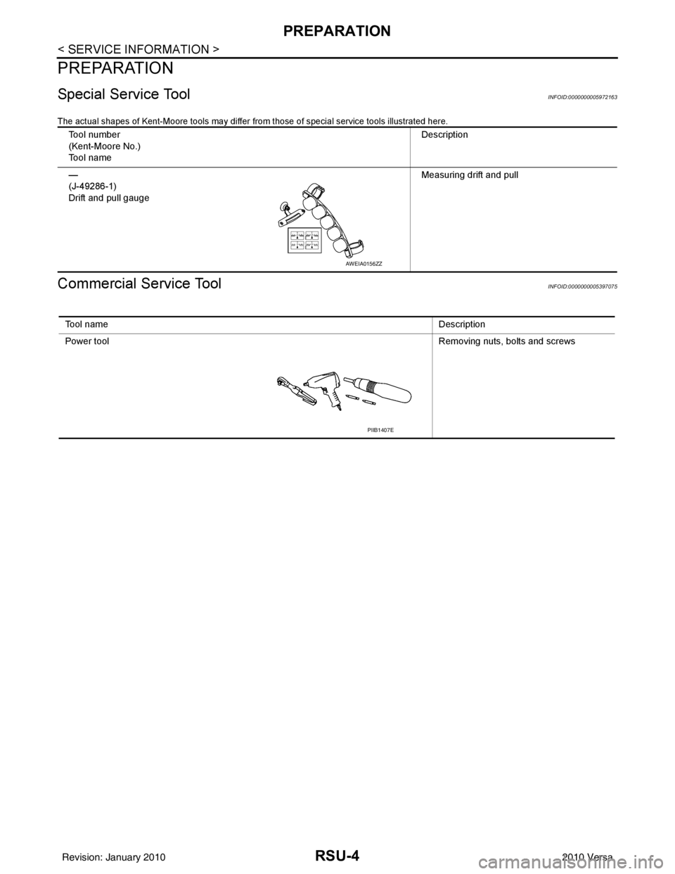 NISSAN TIIDA 2010  Service Repair Manual RSU-4
< SERVICE INFORMATION >
PREPARATION
PREPARATION
Special Service ToolINFOID:0000000005972163
The actual shapes of Kent-Moore tools may differ from those of special service tools illustrated here.