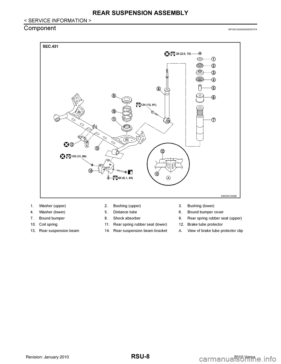 NISSAN TIIDA 2010  Service Repair Manual RSU-8
< SERVICE INFORMATION >
REAR SUSPENSION ASSEMBLY
Component
INFOID:0000000005397079
1. Washer (upper) 2. Bushing (upper)3. Bushing (lower)
4. Washer (lower) 5. Distance tube6. Bound bumper cover
