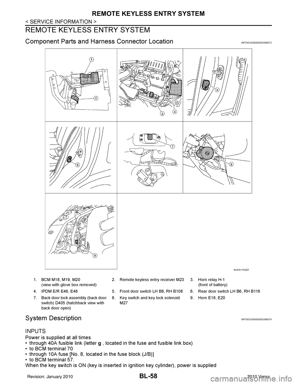 NISSAN TIIDA 2010  Service Repair Manual BL-58
< SERVICE INFORMATION >
REMOTE KEYLESS ENTRY SYSTEM
REMOTE KEYLESS ENTRY SYSTEM
Component Parts and Harness Connector LocationINFOID:0000000005396573
System DescriptionINFOID:0000000005396574
IN