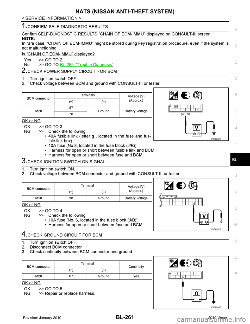 NISSAN TIIDA 2010  Service Repair Manual NATS (NISSAN ANTI-THEFT SYSTEM)BL-261
< SERVICE INFORMATION >
C
DE
F
G H
J
K L
M A
B
BL
N
O P
1.CONFIRM SELF-DIAGNOSTIC RESULTS
Confirm SELF-DIAGNOSTIC RESULTS “CHAIN OF ECM-IMMU” displayed on CON