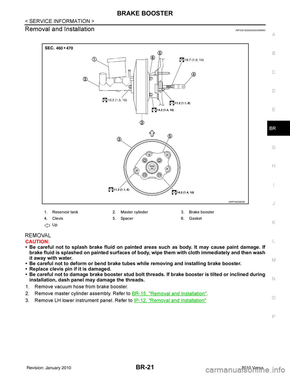 NISSAN TIIDA 2010  Service Repair Manual BRAKE BOOSTERBR-21
< SERVICE INFORMATION >
C
DE
G H
I
J
K L
M A
B
BR
N
O P
Removal and InstallationINFOID:0000000005396993
REMOVAL
CAUTION:
• Be careful not to splash brake fluid on painted areas su