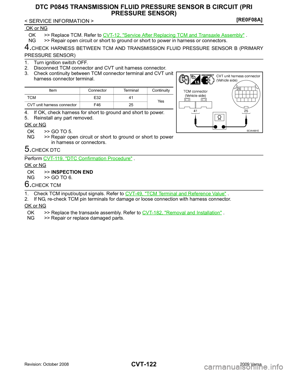NISSAN TIIDA 2009  Service Repair Manual  OK >> Replace TCM. Refer to 
CVT-12, " Service After Replacing TCM and Transaxle Assembly "  .
 NG >> Repair open circuit or short to ground or short to power in harness or connectors.
4. CHECK  HARN