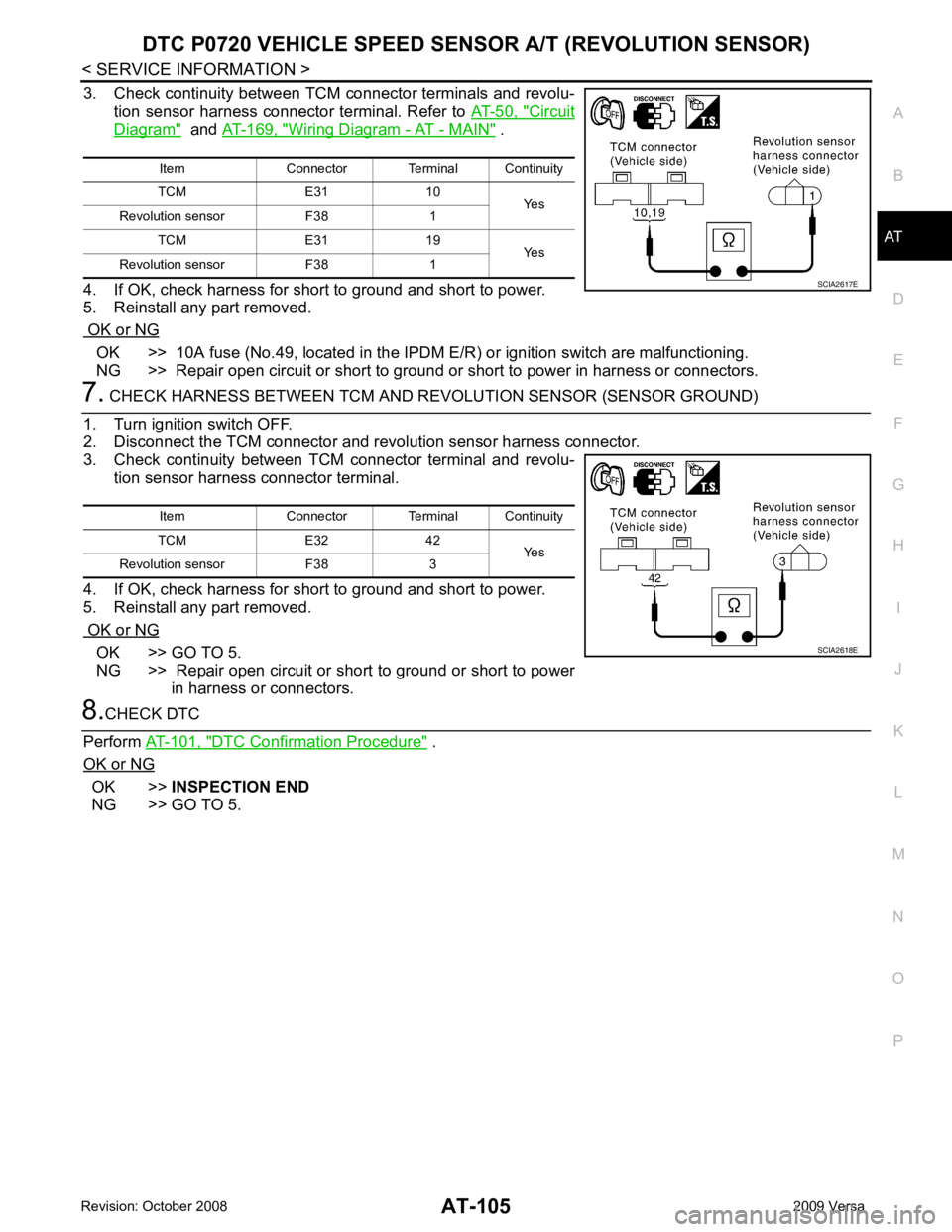 NISSAN TIIDA 2009  Service Repair Manual AT
N
O P
3. Check continuity between TCM connector terminals and revolu-
tion sensor harness connector terminal. Refer to  AT-50, " Circuit
Diagram "   and 
AT-169, " Wiring Diagram - AT - MAIN "  .
4