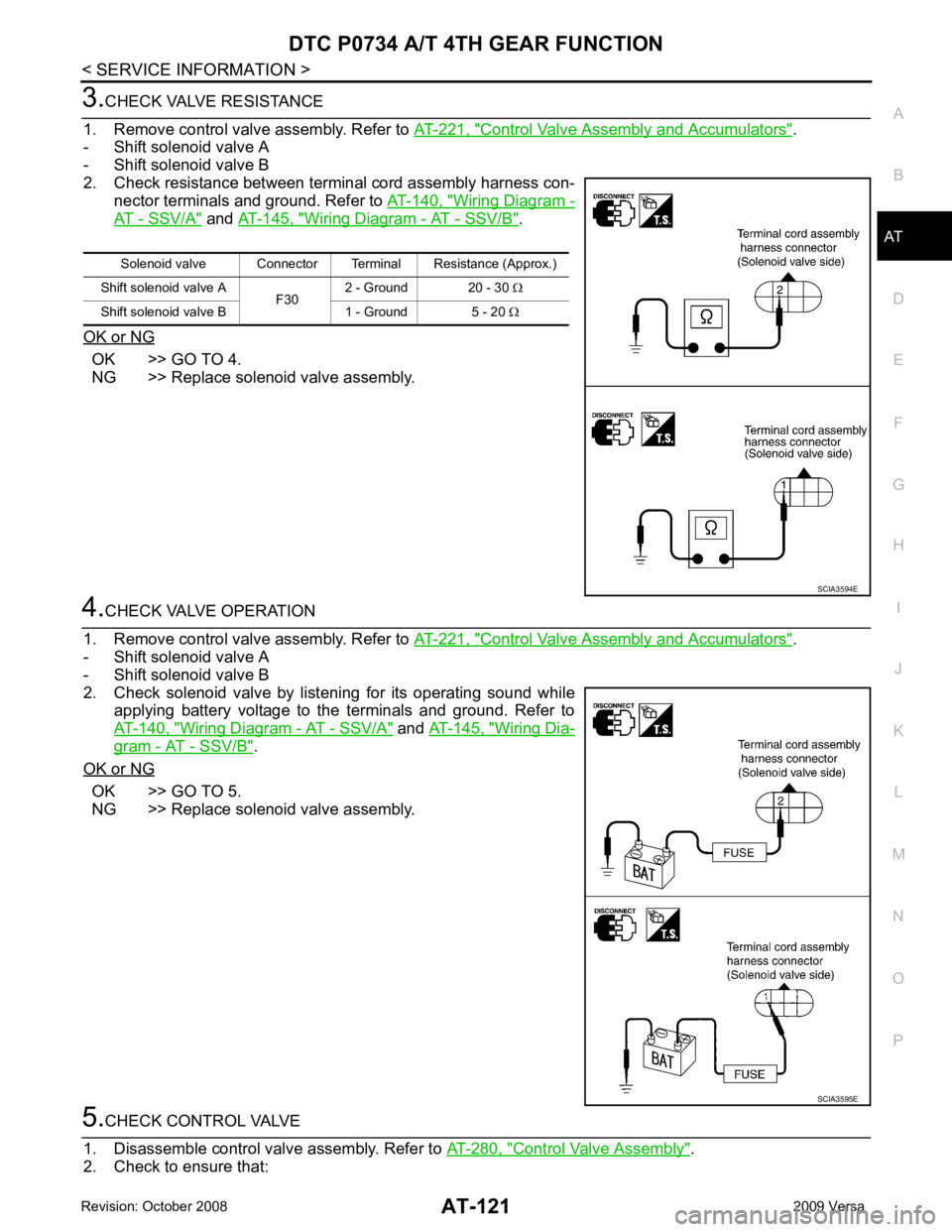 NISSAN TIIDA 2009 Service Repair Manual DTC P0734 A/T 4TH GEAR FUNCTION
AT-121
< SERVICE INFORMATION >
D
E
F
G H
I
J
K L
M A
B AT
N
O P 3.
CHECK VALVE RESISTANCE
1. Remove control valve assembly. Refer to AT-221, " Control Valve Assembly a NISSAN TIIDA 2009 Service Repair Manual DTC P0734 A/T 4TH GEAR FUNCTION
AT-121
< SERVICE INFORMATION >
D
E
F
G H
I
J
K L
M A
B AT
N
O P 3.
CHECK VALVE RESISTANCE
1. Remove control valve assembly. Refer to AT-221, " Control Valve Assembly a