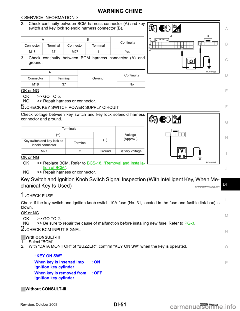NISSAN TIIDA 2009  Service Repair Manual DI
N
O P
2. Check  continuity  between  BCM  harness  connector  (A)  and  key
switch and key lock solenoid harness connector (B).
3. Check  continuity  between  BCM  harness  connector  (A)  and grou
