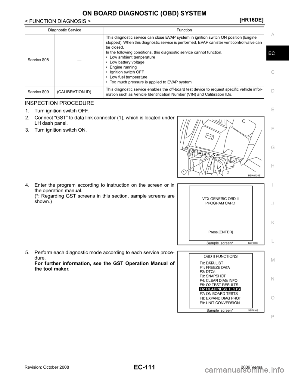 NISSAN TIIDA 2009 Service Repair Manual EC
NP
O
INSPECTION PROCEDURE
1. Turn ignition switch OFF.
2. Connect “GST” to data link connector (1), which is located under LH dash panel.
3. Turn ignition switch ON.
4. Enter the program acc NISSAN TIIDA 2009 Service Repair Manual EC
NP
O
INSPECTION PROCEDURE
1. Turn ignition switch OFF.
2. Connect “GST” to data link connector (1), which is located under LH dash panel.
3. Turn ignition switch ON.
4. Enter the program acc