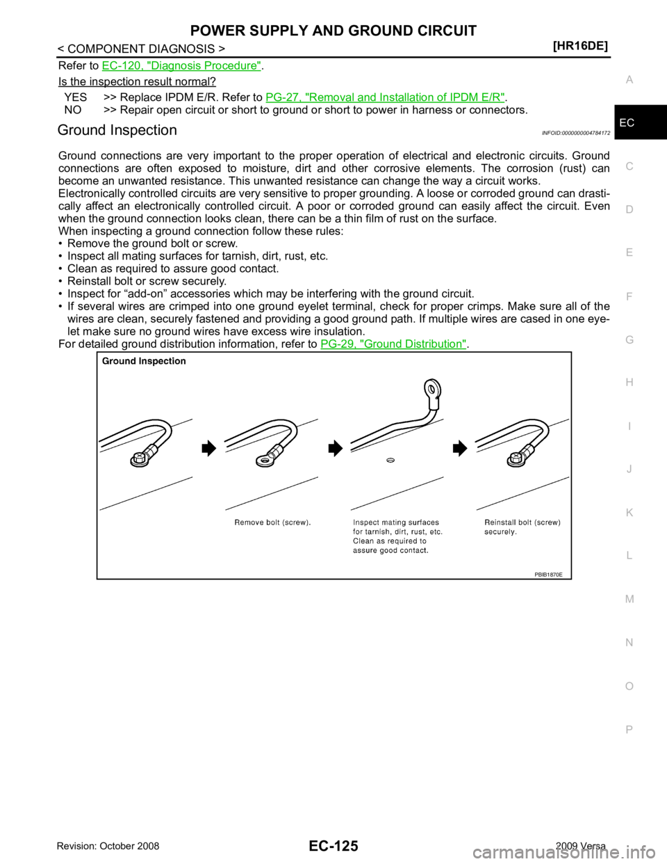 NISSAN TIIDA 2009 Service Repair Manual EC
NP
O
Refer to
EC-120, " Diagnosis Procedure " .
Is the inspection result normal? YES >> Replace IPDM E/R. Refer to
PG-27, " Removal and Installation of IPDM E/R " .
NO >> Repair open circuit or s NISSAN TIIDA 2009 Service Repair Manual EC
NP
O
Refer to
EC-120, " Diagnosis Procedure " .
Is the inspection result normal? YES >> Replace IPDM E/R. Refer to
PG-27, " Removal and Installation of IPDM E/R " .
NO >> Repair open circuit or s