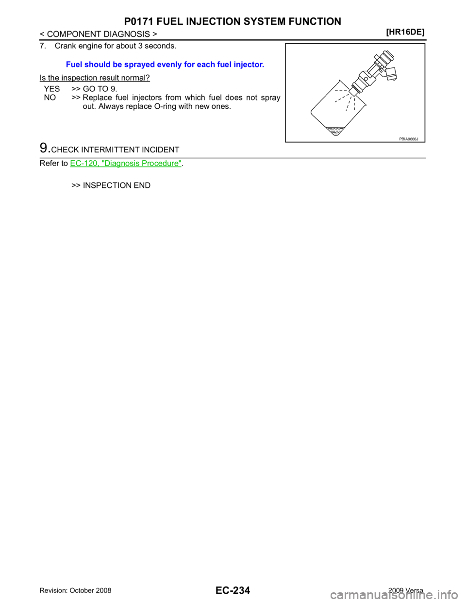NISSAN TIIDA 2009  Service Repair Manual YES >> GO TO 9.
NO >> Replace  fuel  injectors  from  which  fuel  does  not  spray out. Always replace O-ring with new ones. Diagnosis Procedure " .
>> INSPECTION END
Fuel should be sprayed even
ly f