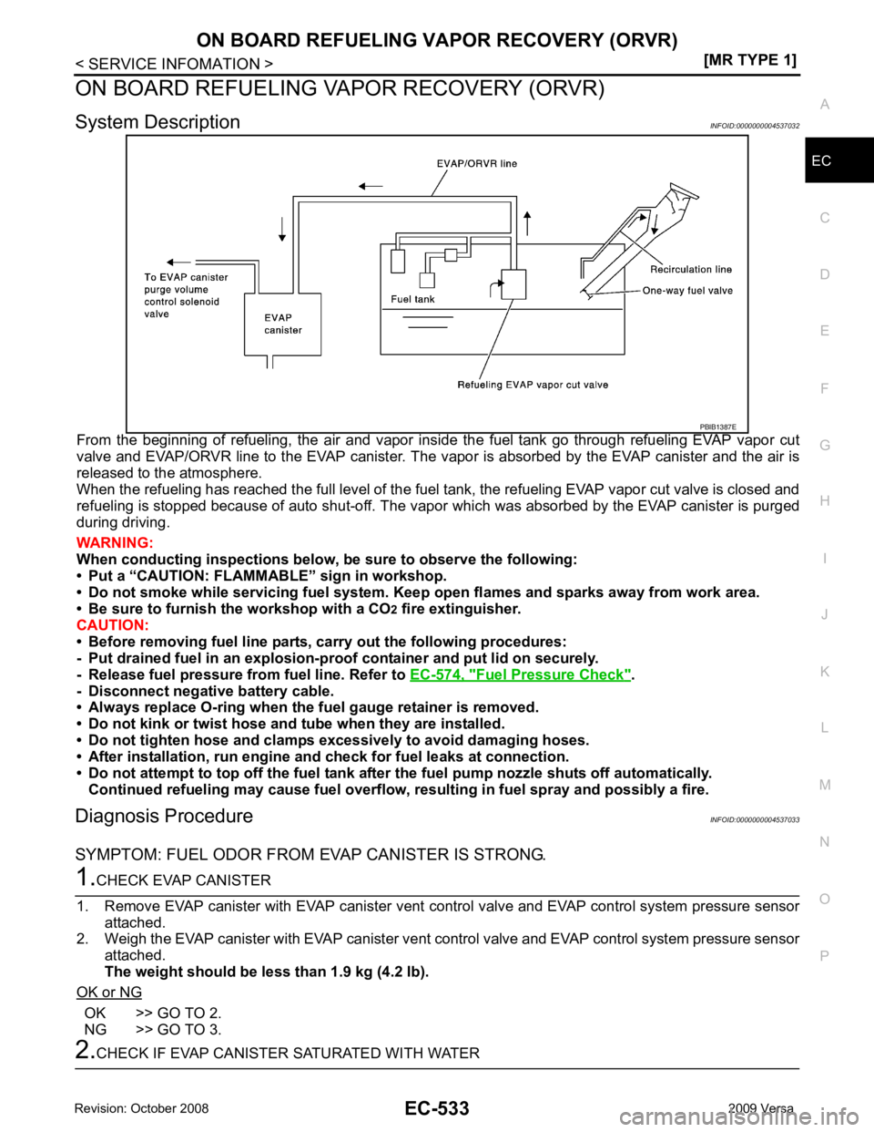 NISSAN TIIDA 2009  Service Repair Manual EC
NP
O
ON BOARD REFUELING VAPOR RECOVERY (ORVR)
System Description INFOID:0000000004537032
From  the  beginning  of  refueling,  the  air  and  vapor  insi de  the  fuel  tank  go  through  refueling