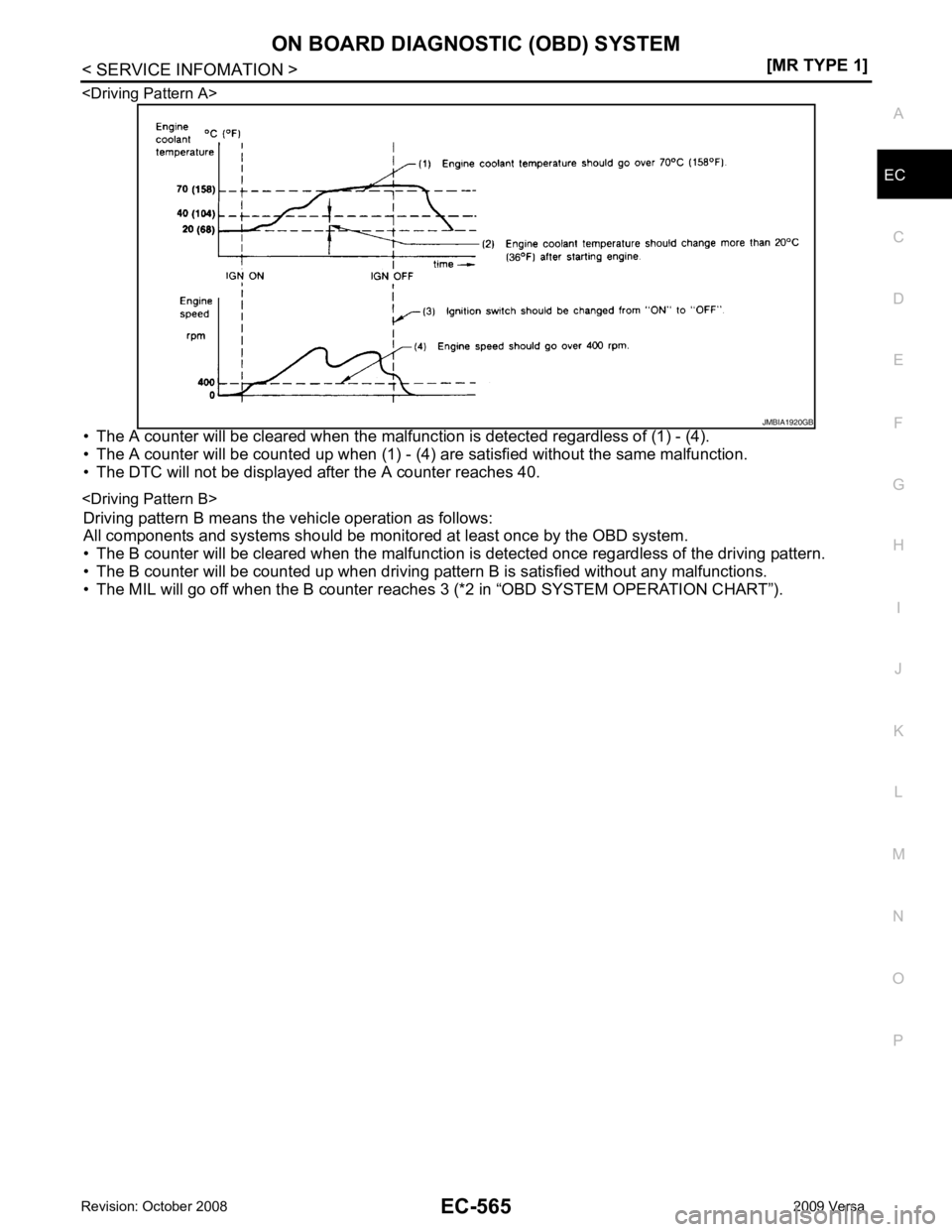 NISSAN TIIDA 2009  Service Repair Manual ON BOARD DIAGNOSTIC (OBD) SYSTEM
EC-565
< SERVICE INFOMATION >
[MR TYPE 1] C
D E
F
G H
I
J
K L
M A EC
NP
O
<Driving Pattern A>
• The A counter will be cleared when the malfunc tion is detected regar