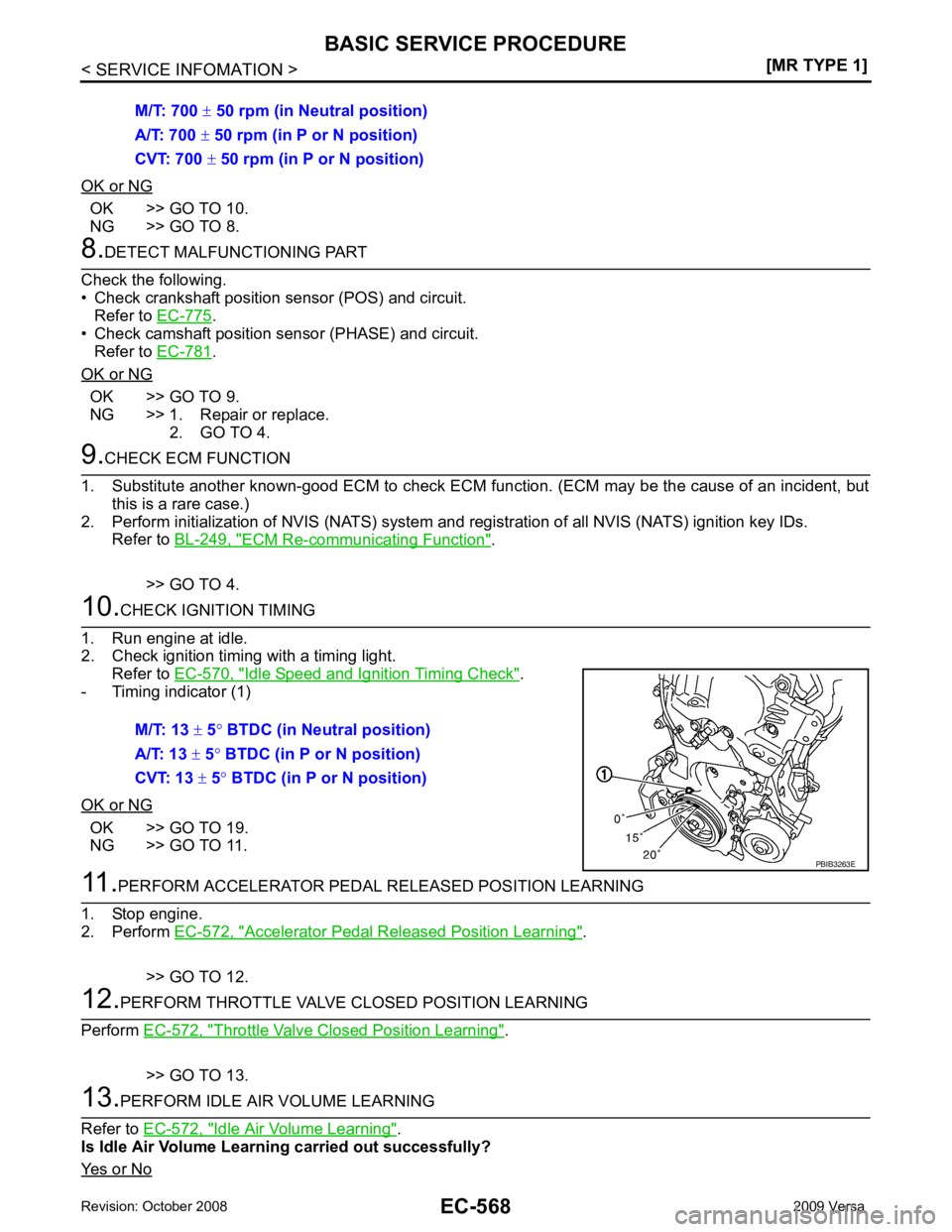 NISSAN TIIDA 2009  Service Repair Manual OK >> GO TO 10.
NG >> GO TO 8. .
• Check camshaft position sensor (PHASE) and circuit.
Refer to  EC-781 .
OK or NG OK >> GO TO 9.
NG >> 1. Repair or replace.
2. GO TO 4. ECM Re-communicating Functio