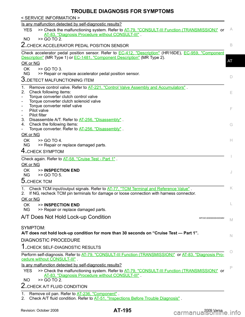 NISSAN TIIDA 2009  Service Repair Manual AT
N
O P
Is any malfunction detected by self-diagnostic results? YES >> Check the malfuncti
oning system. Refer to AT-79, " CONSULT-III Functi
on (TRANSMISSION) "   or
AT-83, " Diagnosis Procedure wit