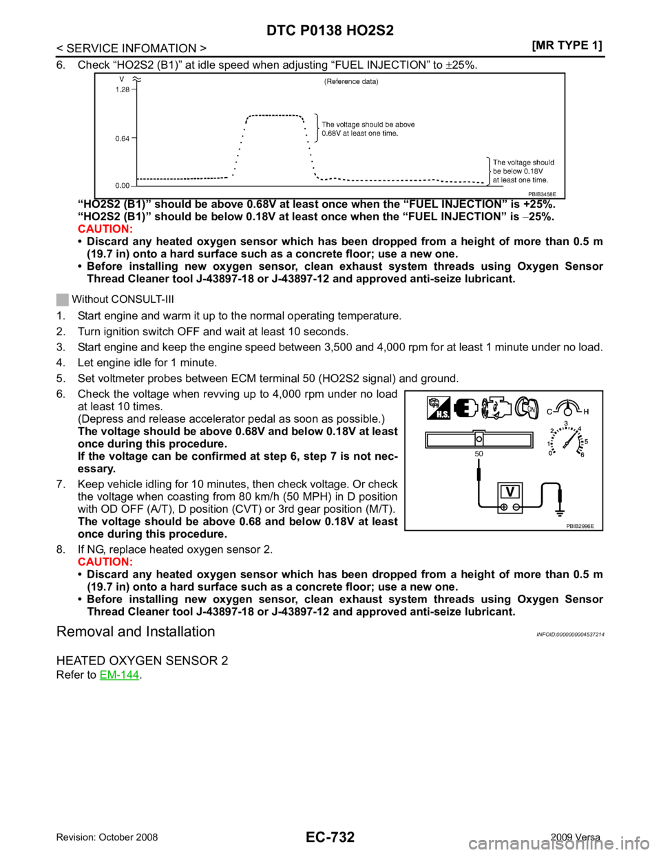NISSAN TIIDA 2009  Service Repair Manual EC-732< SERVICE INFOMATION >
[MR TYPE 1]
DTC P0138 HO2S2
6. Check “HO2S2 (B1)” at idle speed when adjusting “FUEL INJECTION” to  ±25%.
“HO2S2 (B1)” should be above 0.68V at least  once wh