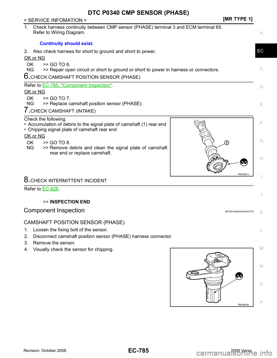 NISSAN TIIDA 2009  Service Repair Manual DTC P0340 CMP SENSOR (PHASE)
EC-785
< SERVICE INFOMATION >
[MR TYPE 1] C
D E
F
G H
I
J
K L
M A EC
NP
O
1. Check harness continuity between CMP sens
or (PHASE) terminal 3 and ECM terminal 65. 
Refer to