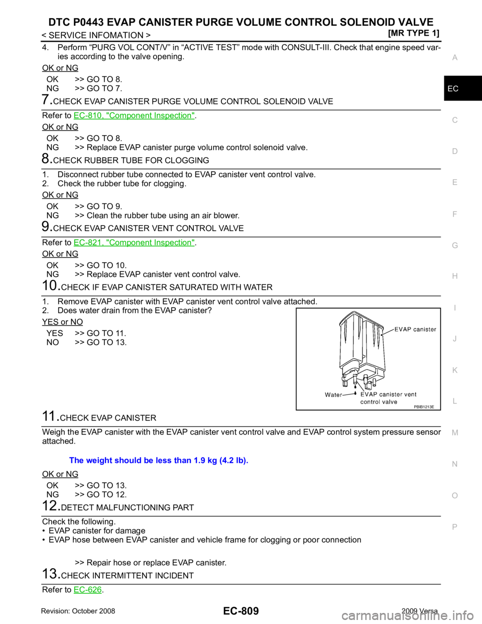 NISSAN TIIDA 2009  Service Repair Manual DTC P0443 EVAP CANISTE
R PURGE VOLUME CONTROL SOLENOID VALVE
EC-809
< SERVICE INFOMATION >
[MR TYPE 1] C
D E
F
G H
I
J
K L
M A EC
NP
O
4. Perform “PURG VOL CONT/V” in 
“ACTIVE TEST” mode with 