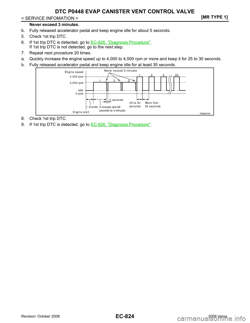 NISSAN TIIDA 2009  Service Repair Manual EC-824< SERVICE INFOMATION >
[MR TYPE 1]
DTC P0448 EVAP CANISTER VENT CONTROL VALVE
Never exceed 3 minutes.
b. Fully released accelerator pedal and keep engine idle for about 5 seconds.
5. Check 1st t