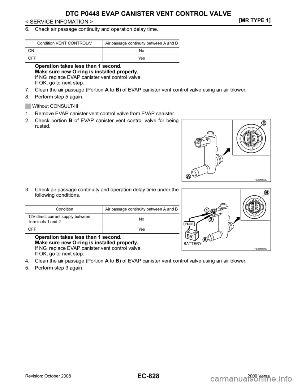 NISSAN TIIDA 2009  Service Repair Manual EC-828< SERVICE INFOMATION >
[MR TYPE 1]
DTC P0448 EVAP CANISTER VENT CONTROL VALVE
6. Check air passage continuity and operation delay time.
Operation takes less than 1 second.
Make sure new O-ring i