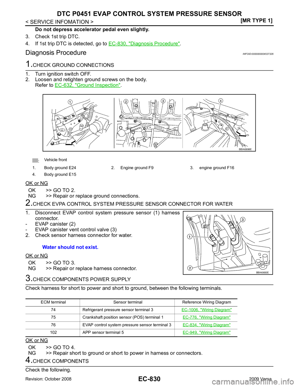 NISSAN TIIDA 2009  Service Repair Manual EC-830< SERVICE INFOMATION >
[MR TYPE 1]
DTC P0451 EVAP CONTROL 
SYSTEM PRESSURE SENSOR
Do not depress accelerator pedal even slightly.
3. Check 1st trip DTC.
4. If 1st trip DTC is detected, go to  EC