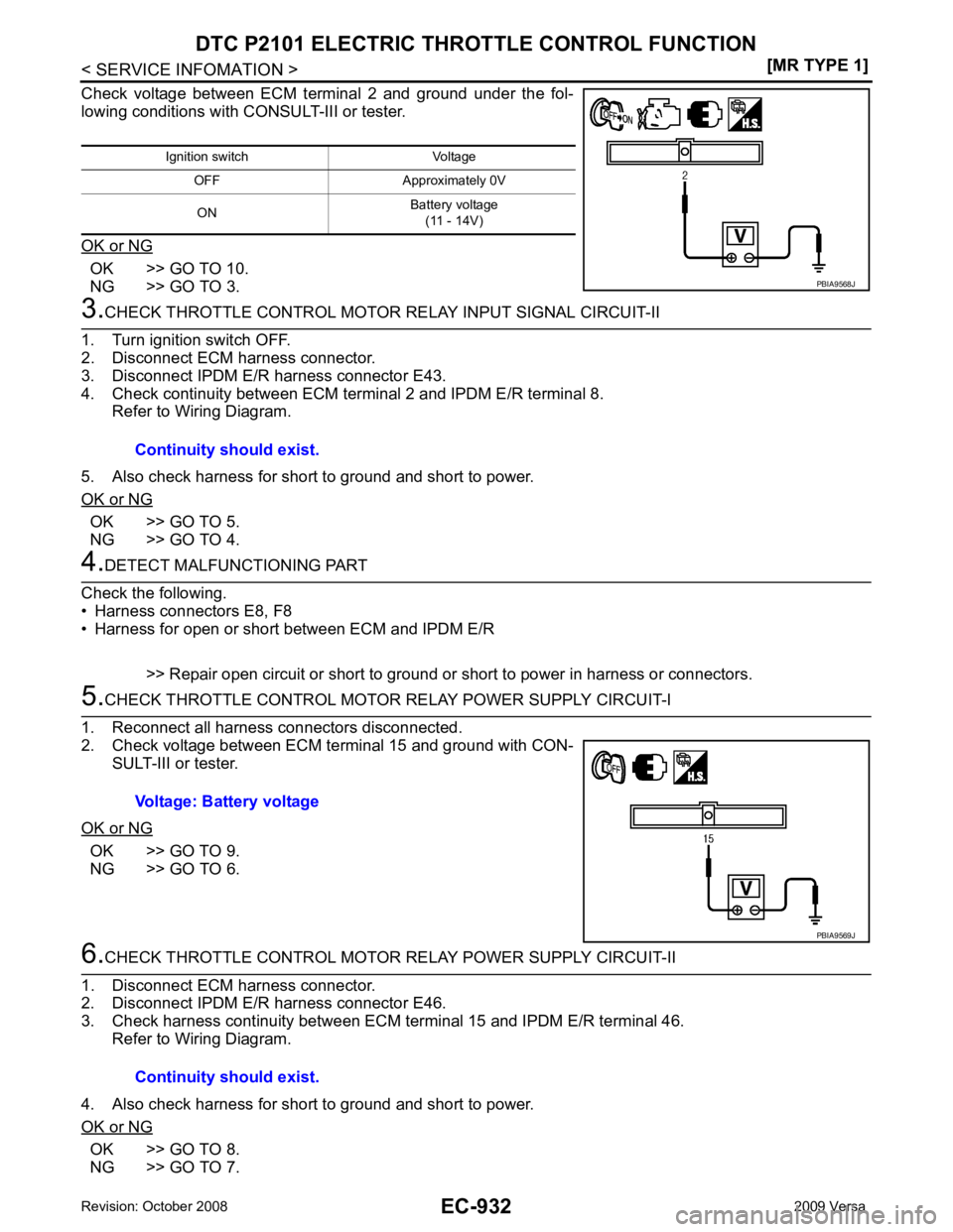 NISSAN TIIDA 2009  Service Repair Manual EC-932< SERVICE INFOMATION >
[MR TYPE 1]
DTC P2101 ELECTRIC THROTTLE CONTROL FUNCTION
Check  voltage  between  ECM  terminal  2  and  ground  under  the  fol-
lowing conditions with CONSULT-III or tes