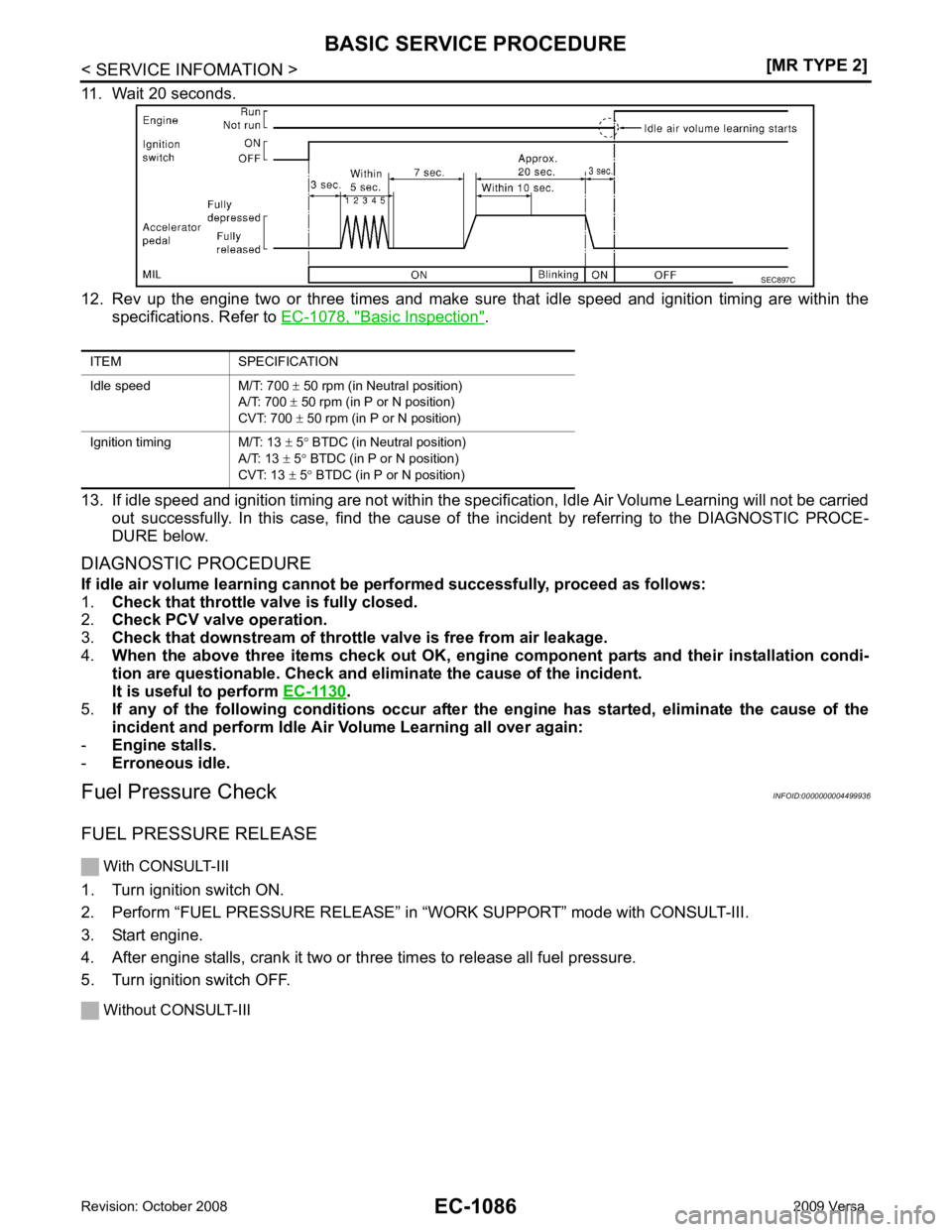 NISSAN TIIDA 2009  Service Repair Manual EC-1086< SERVICE INFOMATION >
[MR TYPE 2]
BASIC SERVICE PROCEDURE
11. Wait 20 seconds.
12. Rev  up  the  engine  two  or  three  times  and  make  sure  that  idle  speed  and  ignition  timing  are  