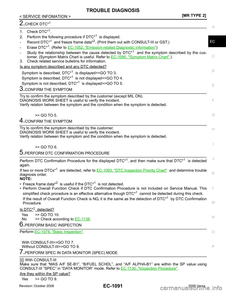 NISSAN TIIDA 2009 Service Repair Manual EC
NP
O Emission-related Diagnostic Information " )
- Study the relationship betw een the cause detected by DTC* 1
and the symptom described by the cus-
tomer. (Symptom Matrix Chart i NISSAN TIIDA 2009 Service Repair Manual EC
NP
O Emission-related Diagnostic Information " )
- Study the relationship betw een the cause detected by DTC* 1
and the symptom described by the cus-
tomer. (Symptom Matrix Chart i
