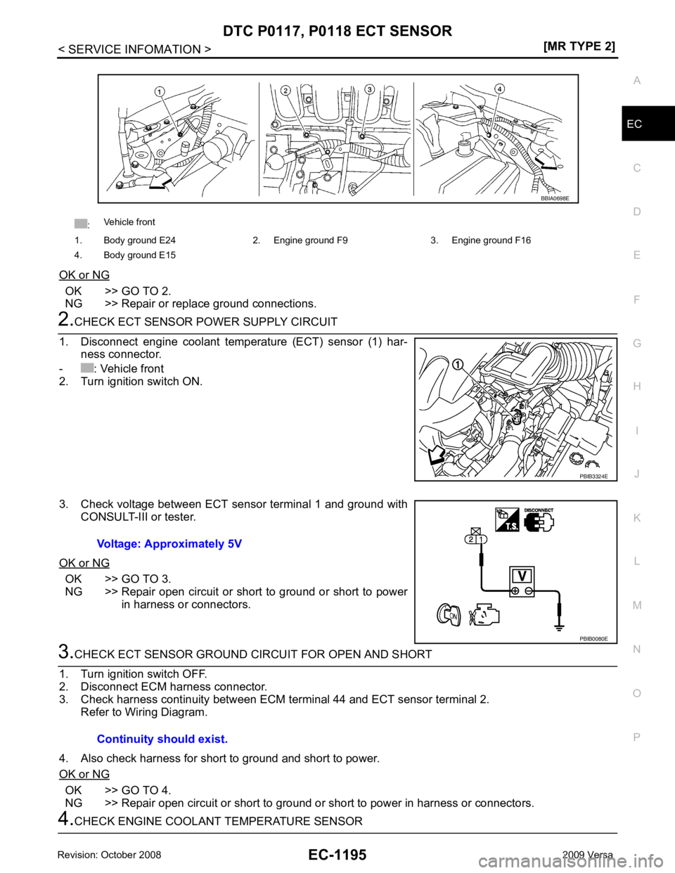 NISSAN TIIDA 2009  Service Repair Manual DTC P0117, P0118 ECT SENSOR
EC-1195
< SERVICE INFOMATION >
[MR TYPE 2] C
D E
F
G H
I
J
K L
M A EC
NP
O
OK or NG OK >> GO TO 2.
NG >> Repair or replace ground connections. 2.
CHECK ECT SENSOR POWER SUP
