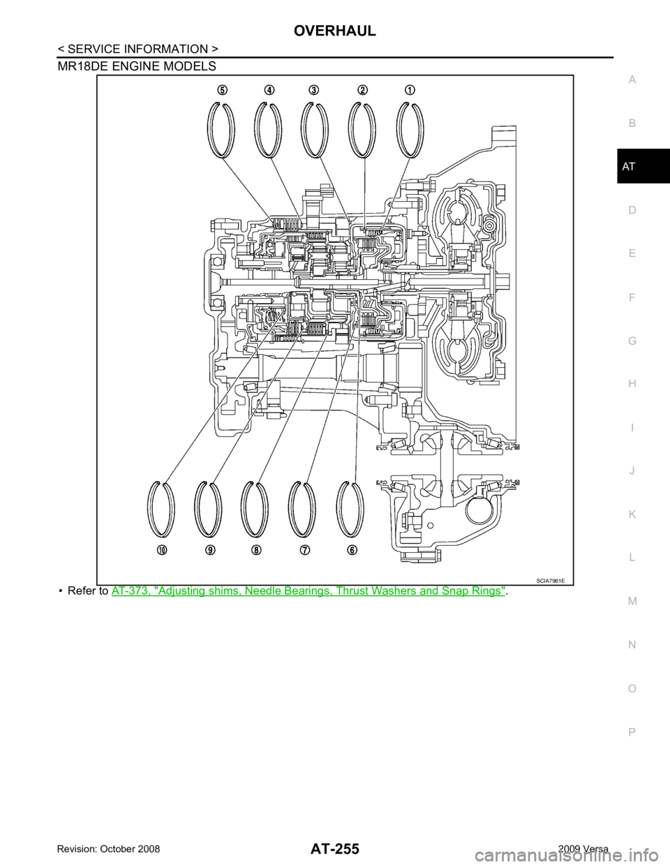 NISSAN TIIDA 2009  Service Repair Manual AT
N
O P
MR18DE ENGINE MODELS
• Refer to  AT-373, " Adjusting shims, Needle Bearings, Thrust Washers and Snap Rings " . 