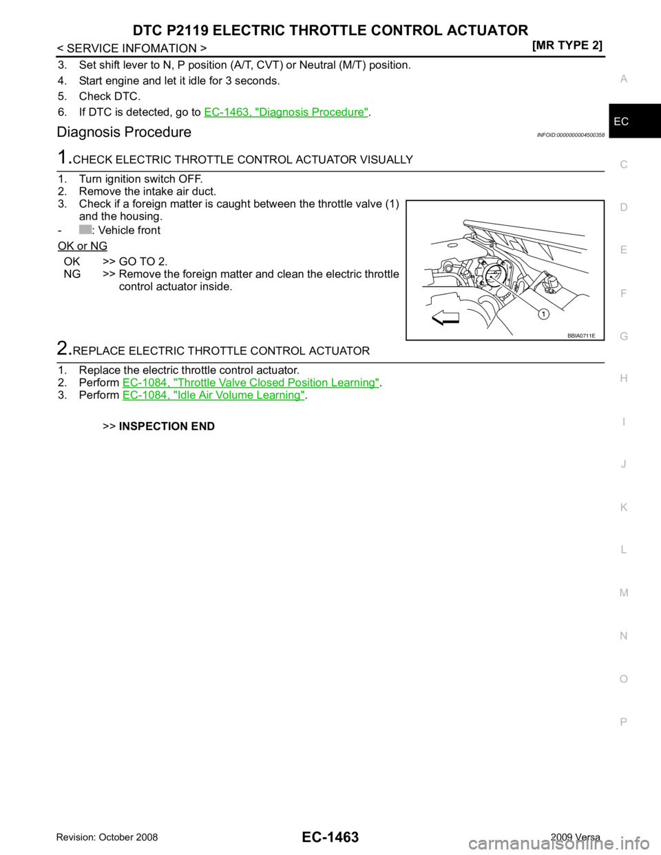 NISSAN TIIDA 2009  Service Repair Manual DTC P2119 ELECTRIC THROTTLE CONTROL ACTUATOR
EC-1463
< SERVICE INFOMATION >
[MR TYPE 2] C
D E
F
G H
I
J
K L
M A EC
NP
O
3. Set shift lever to N, P position (A/T, CVT) or Neutral (M/T) position.
4. Sta