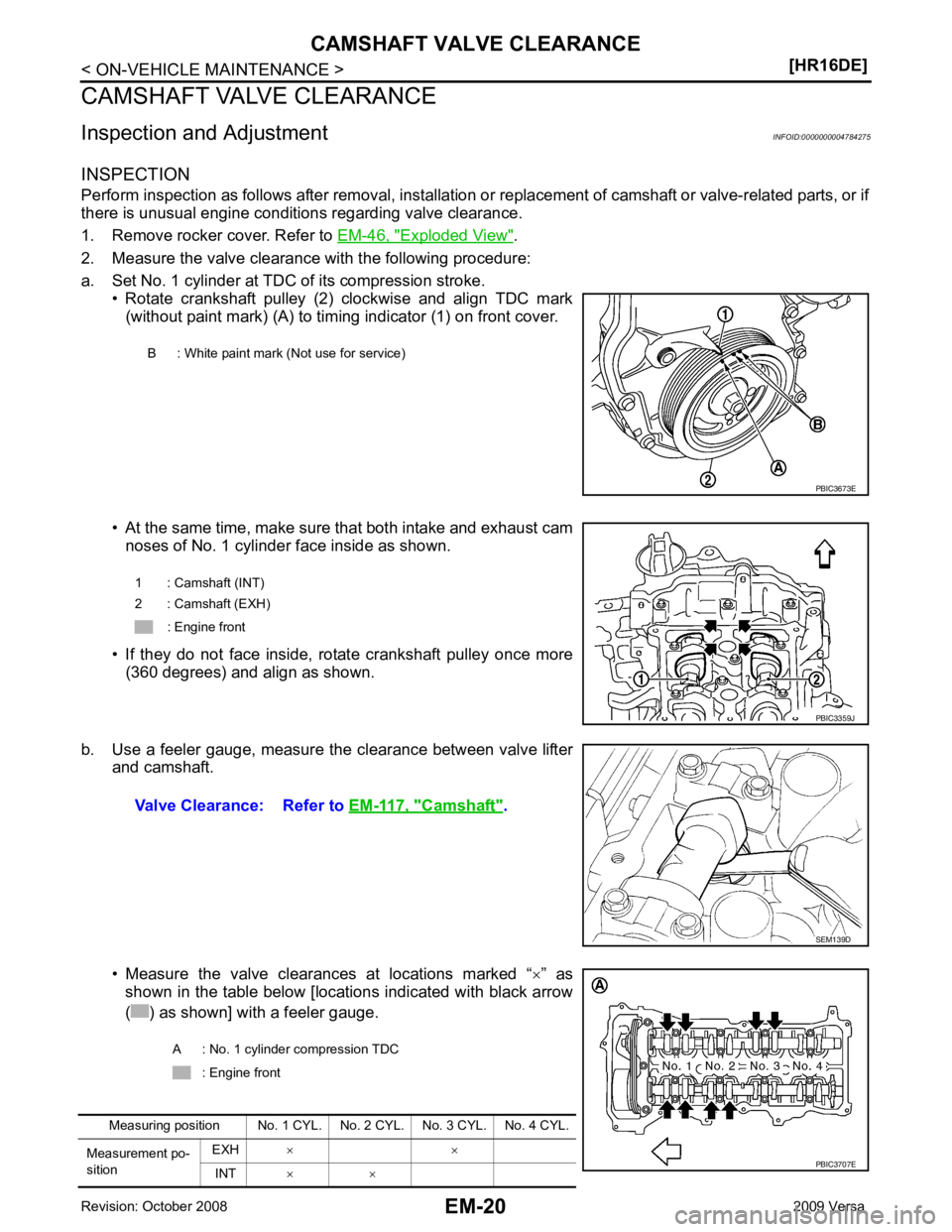 NISSAN TIIDA 2009  Service Repair Manual Exploded View " .
2. Measure the valve clearance with the following procedure:
a. Set No. 1 cylinder at TDC of its compression stroke. • Rotate  crankshaft  pulley  (2)  clockwise  and  align  TDC  