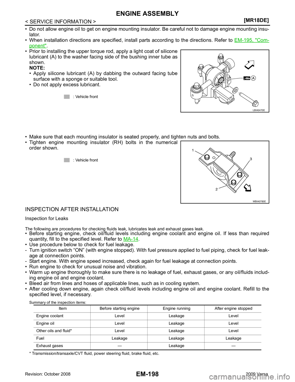 NISSAN TIIDA 2009  Service Repair Manual Com-
ponent " .
• Prior to installing the upper torque rod, apply a light coat of silicone lubricant (A) to the washer facing side of the bushing inner tube as
shown.
NOTE:
• Apply  silicone  lubr