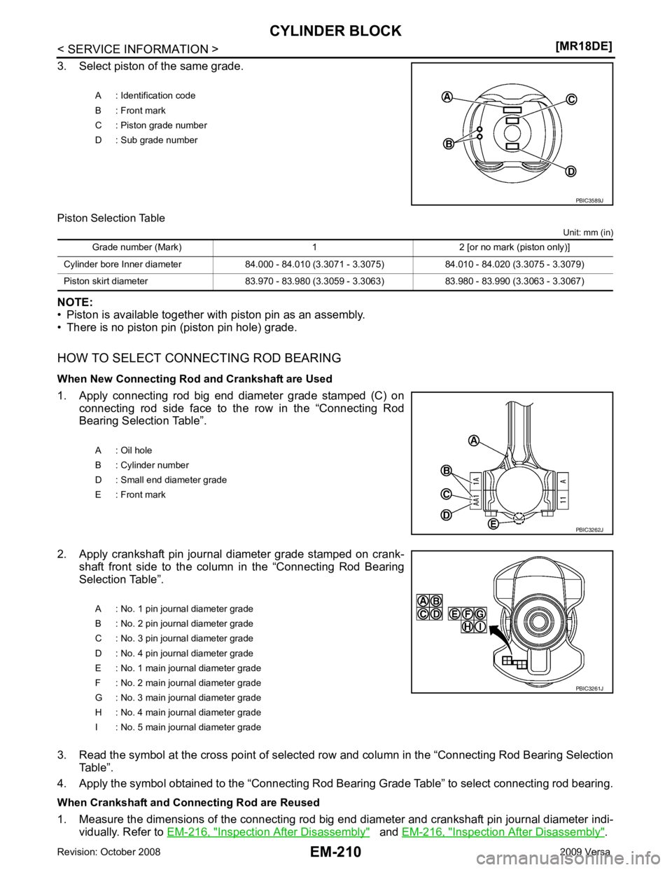 NISSAN TIIDA 2009  Service Repair Manual Inspection After Disassembly "    and 
EM-216, " Inspection After Disassembly " .
A : Identification code
B : Front mark
C : Piston grade number
D : Sub grade number A : Oil hole
B : Cylinder number
D