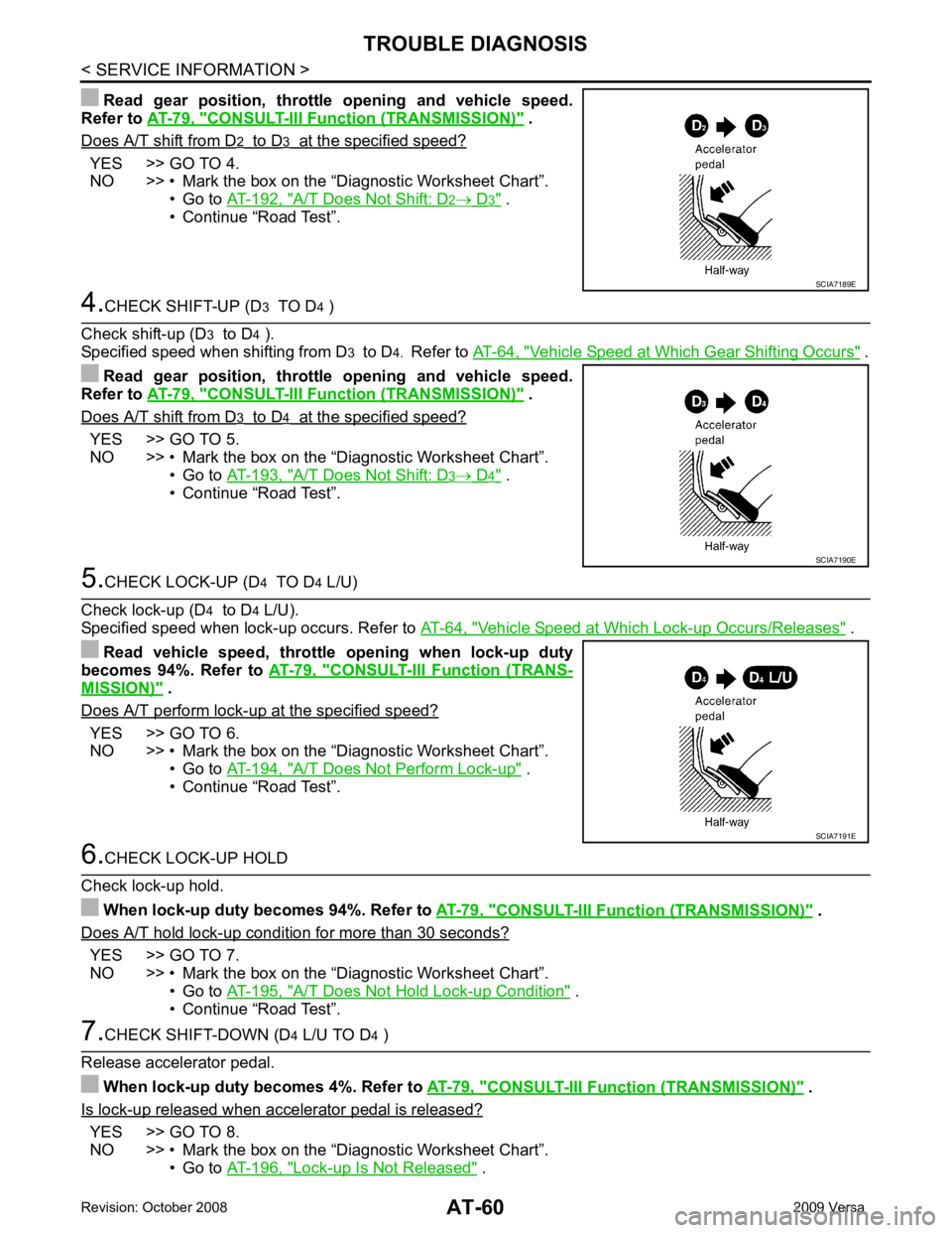 NISSAN TIIDA 2009 Service Repair Manual CONSULT-III Funct
ion (TRANSMISSION) " .
Does A/T shift from D YES >> GO TO 4.
NO >> • Mark the box on the “Diagnostic Worksheet Chart”.
• Go to AT-192, " A/T Does Not Shift: D .
• Contin NISSAN TIIDA 2009 Service Repair Manual CONSULT-III Funct
ion (TRANSMISSION) " .
Does A/T shift from D YES >> GO TO 4.
NO >> • Mark the box on the “Diagnostic Worksheet Chart”.
• Go to AT-192, " A/T Does Not Shift: D .
• Contin