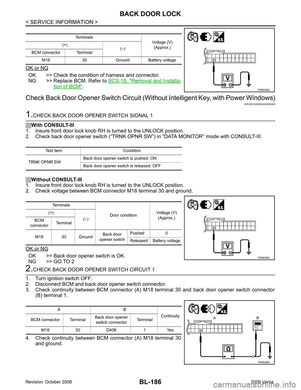 NISSAN TIIDA 2009 Service Repair Manual BL-186< SERVICE INFORMATION >
BACK DOOR LOCK
OK or NG OK >> Check the condition of harness and connector.
NG >> Replace BCM. Refer to BCS-18, " Removal and Installa-
tion of BCM " .
Check Back Door O NISSAN TIIDA 2009 Service Repair Manual BL-186< SERVICE INFORMATION >
BACK DOOR LOCK
OK or NG OK >> Check the condition of harness and connector.
NG >> Replace BCM. Refer to BCS-18, " Removal and Installa-
tion of BCM " .
Check Back Door O
