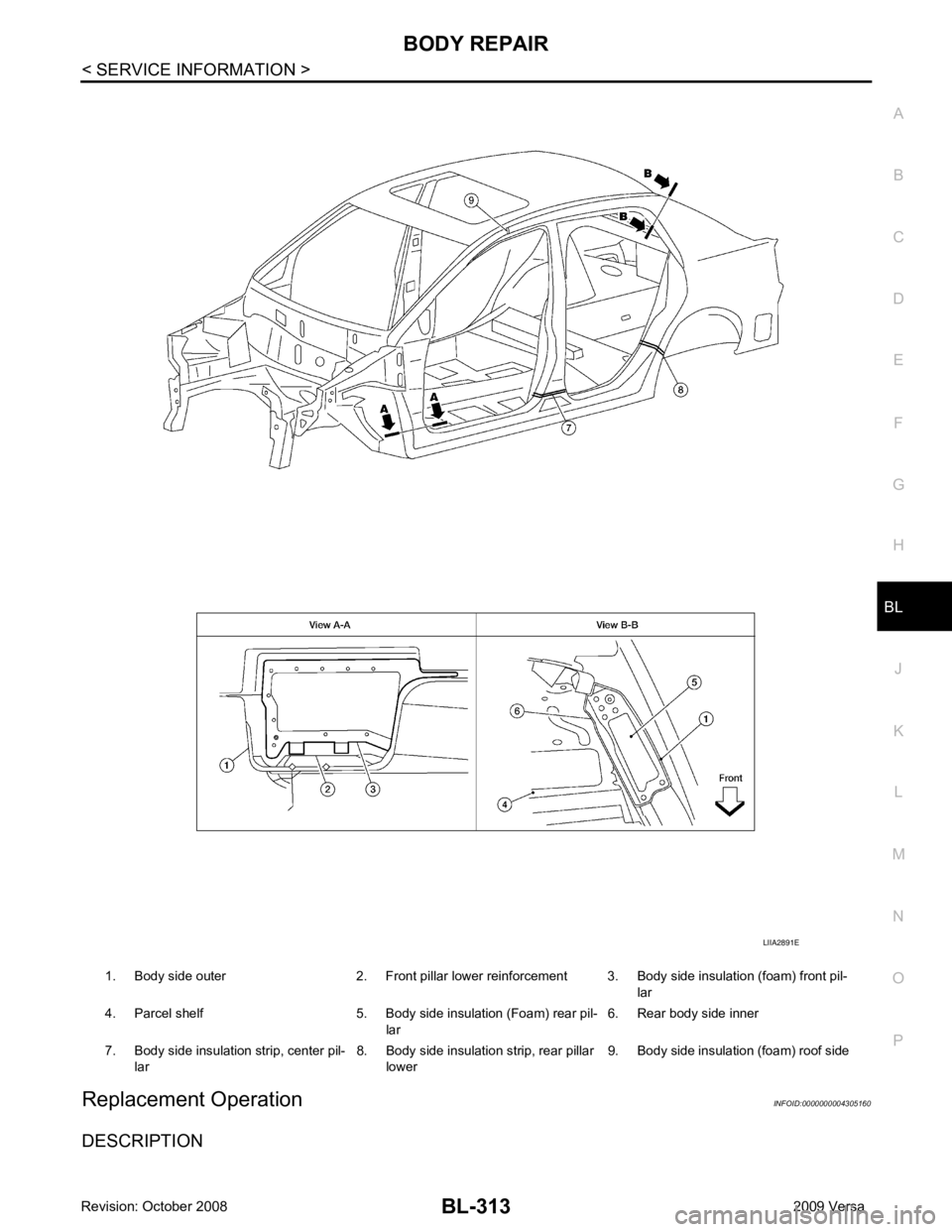 NISSAN TIIDA 2009  Service Repair Manual BL
N
O P
Replacement Operation INFOID:0000000004305160
DESCRIPTION 1. Body side outer 2. Front pillar lower reinforcement 3. Body side insulation (foam) front pil-
lar
4. Parcel shelf 5. Body side ins