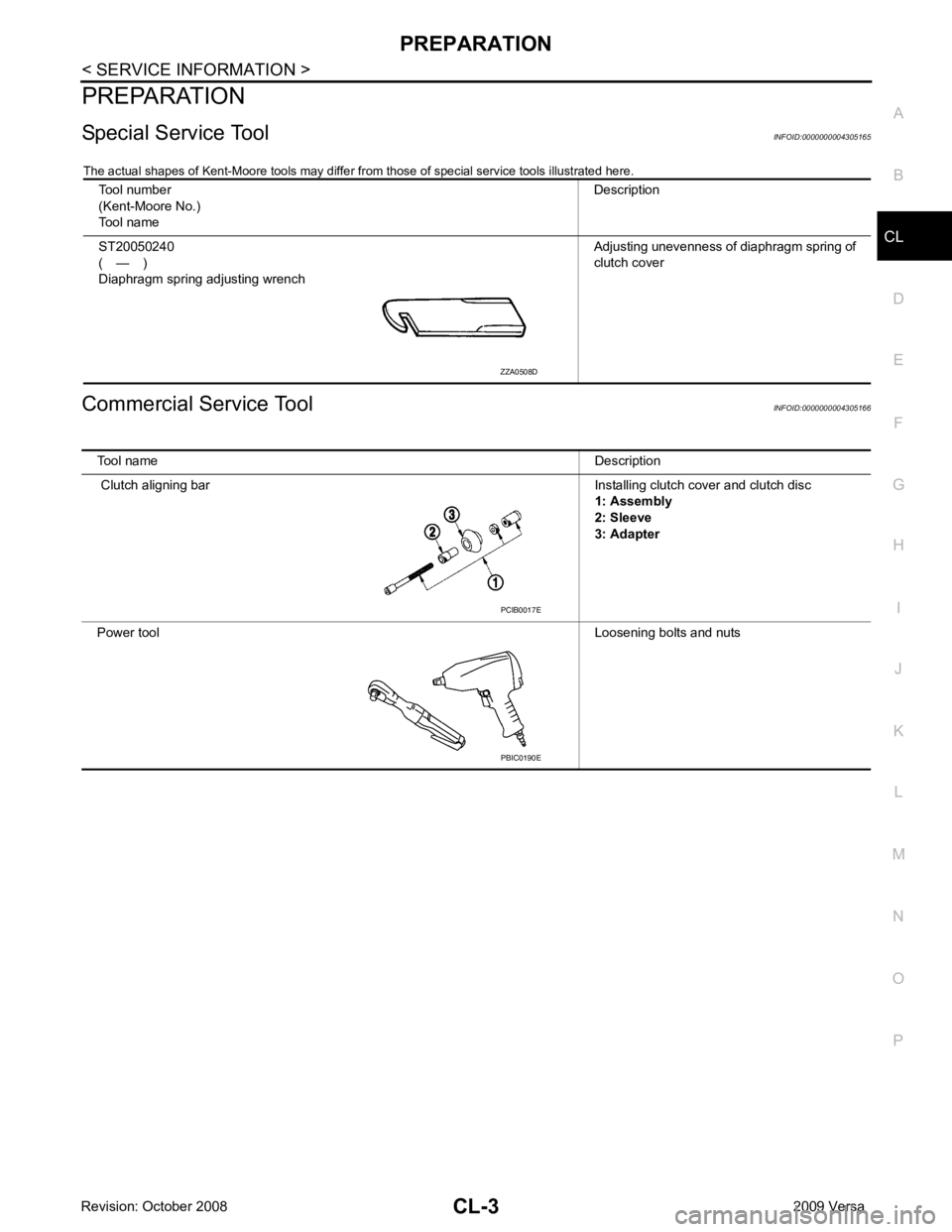 NISSAN TIIDA 2009  Service Repair Manual CL
N
O P
PREPARATION
Special Service Tool INFOID:0000000004305165
The actual shapes of Kent-Moore tools may differ fr om those of special service tools illustrated here.
Commercial Service Tool INFOID