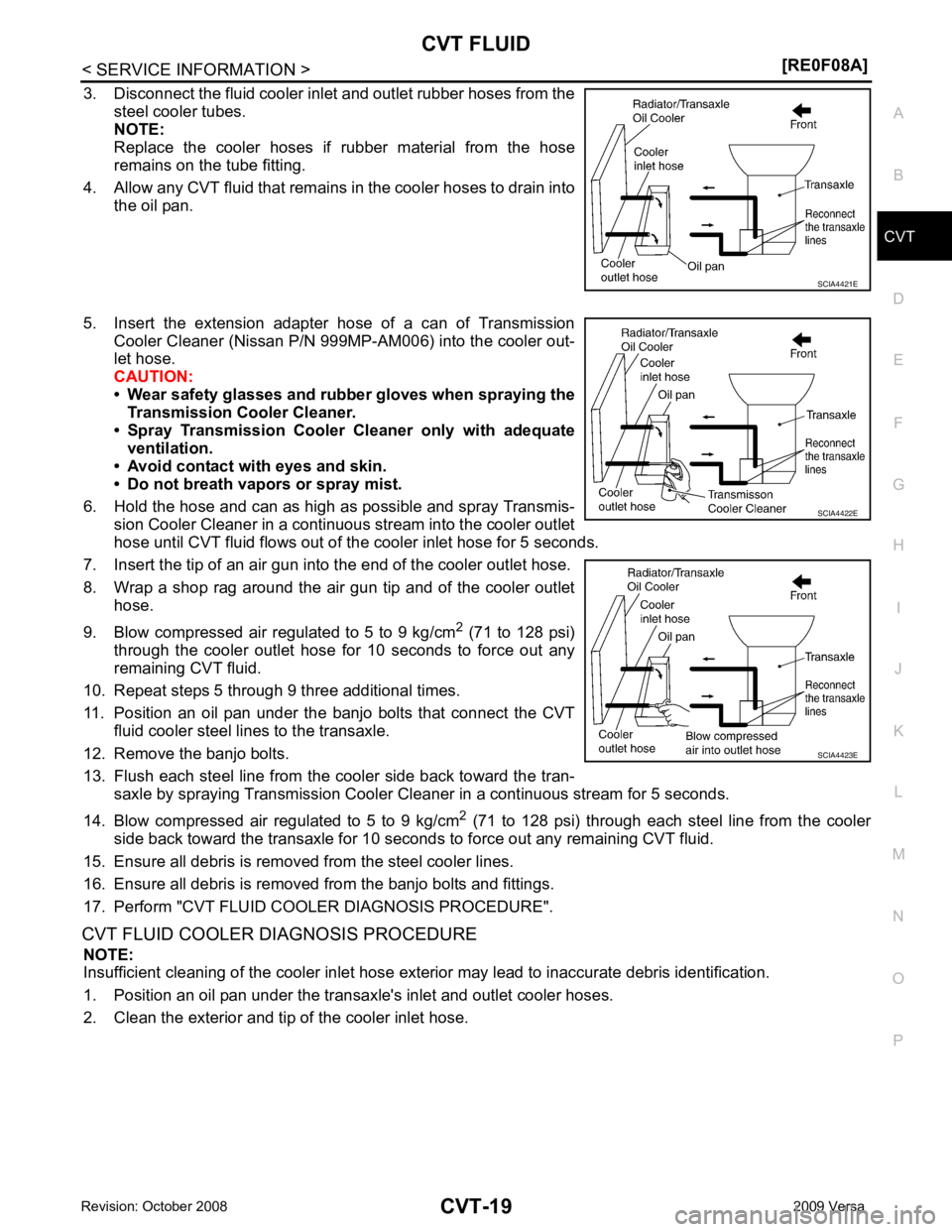 NISSAN TIIDA 2009  Service Repair Manual CVT
N
O P
3. Disconnect the fluid cooler inle
t and outlet rubber hoses from the
steel cooler tubes.
NOTE:
Replace  the  cooler  hoses  if   rubber  material  from  the  hose
remains on the tube fitti