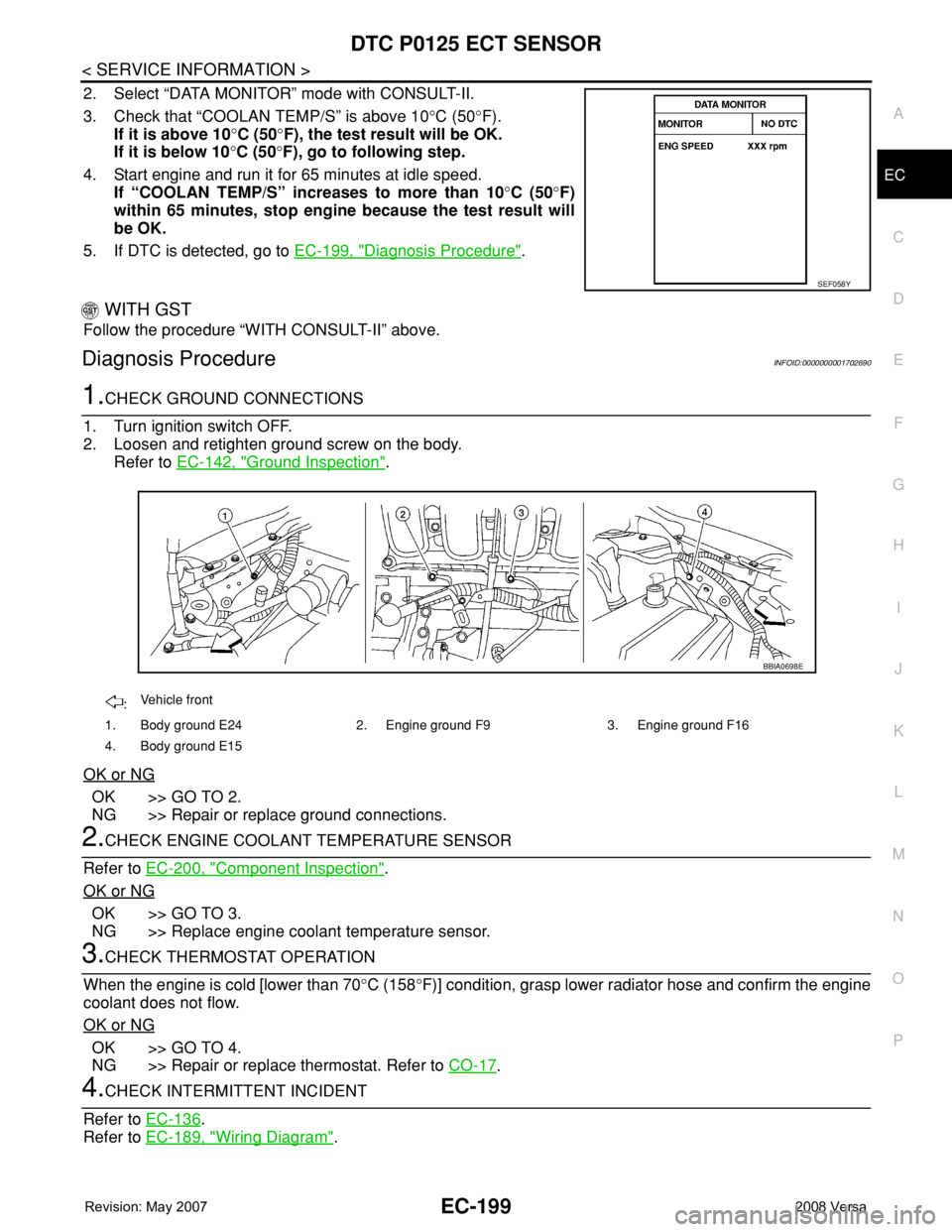 NISSAN TIIDA 2008  Service Repair Manual DTC P0125 ECT SENSOR
EC-199
< SERVICE INFORMATION >
C
D
E
F
G
H
I
J
K
L
MA
EC
N
P O
2. Select “DATA MONITOR” mode with CONSULT-II.
3. Check that “COOLAN TEMP/S” is above 10°C (50°F).
If it i