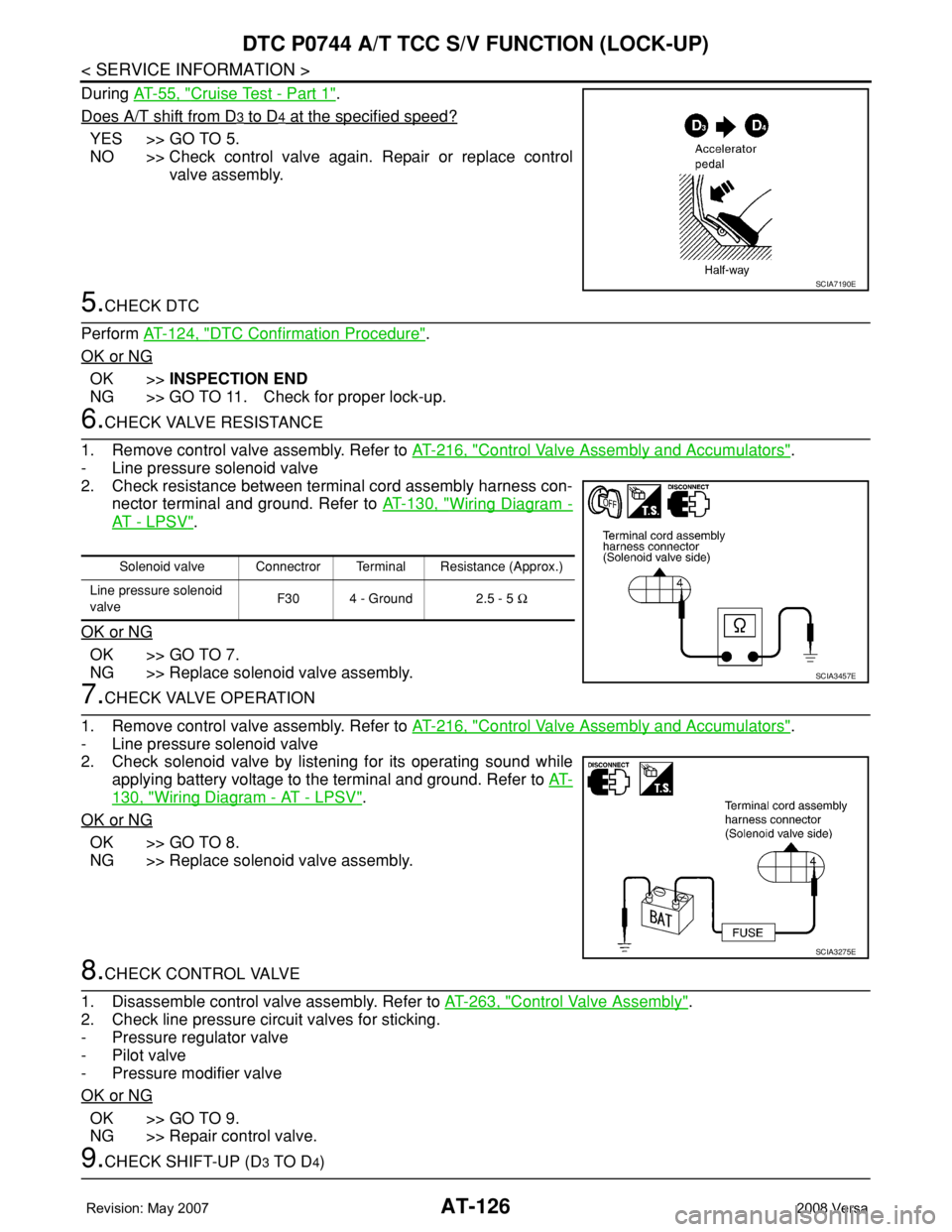 NISSAN TIIDA 2008 Service Repair Manual AT-126
< SERVICE INFORMATION >
DTC P0744 A/T TCC S/V FUNCTION (LOCK-UP)
During AT-55, "Cruise Test - Part 1".
Does A/T shift from D
3 to D4 at the specified speed?
YES >> GO TO 5.
NO >> Check NISSAN TIIDA 2008 Service Repair Manual AT-126
< SERVICE INFORMATION >
DTC P0744 A/T TCC S/V FUNCTION (LOCK-UP)
During AT-55, "Cruise Test - Part 1".
Does A/T shift from D
3 to D4 at the specified speed?
YES >> GO TO 5.
NO >> Check