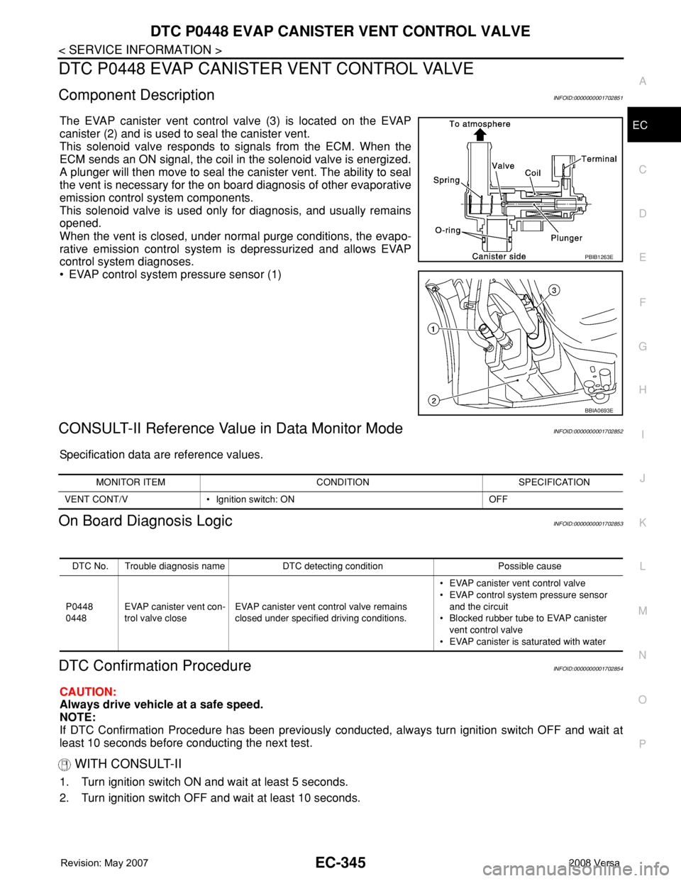 NISSAN TIIDA 2008  Service Repair Manual DTC P0448 EVAP CANISTER VENT CONTROL VALVE
EC-345
< SERVICE INFORMATION >
C
D
E
F
G
H
I
J
K
L
MA
EC
N
P O
DTC P0448 EVAP CANISTER VENT CONTROL VALVE
Component DescriptionINFOID:0000000001702851
The EV
